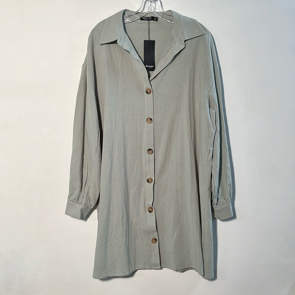 Nasty Gal Sage Green Long Sleeve Button-Front Dress